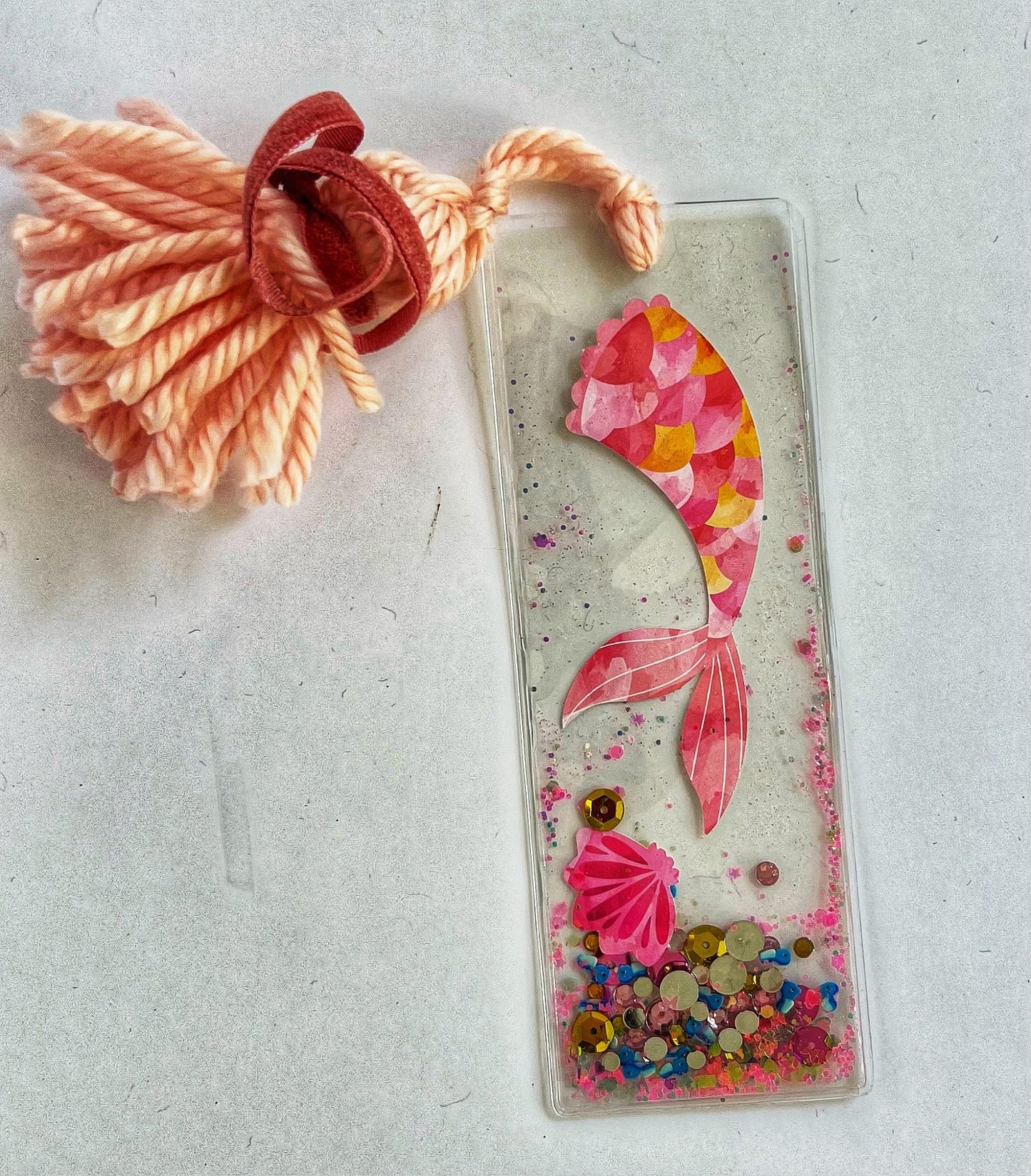 Pink and Orange Mermaid Tail Glitter Shaker Bookmark - Glitter Bookmark - Confetti Bookmark Summer Reading