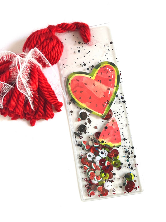 Watermelon Heart Summer Glitter Shaker Bookmark - Glitter Bookmark - Confetti Bookmark Tassel Bookmark Gift For Reader