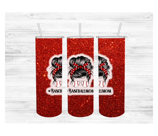 Baseball Mom with Polka Dot Bow Messy Bun Tumbler