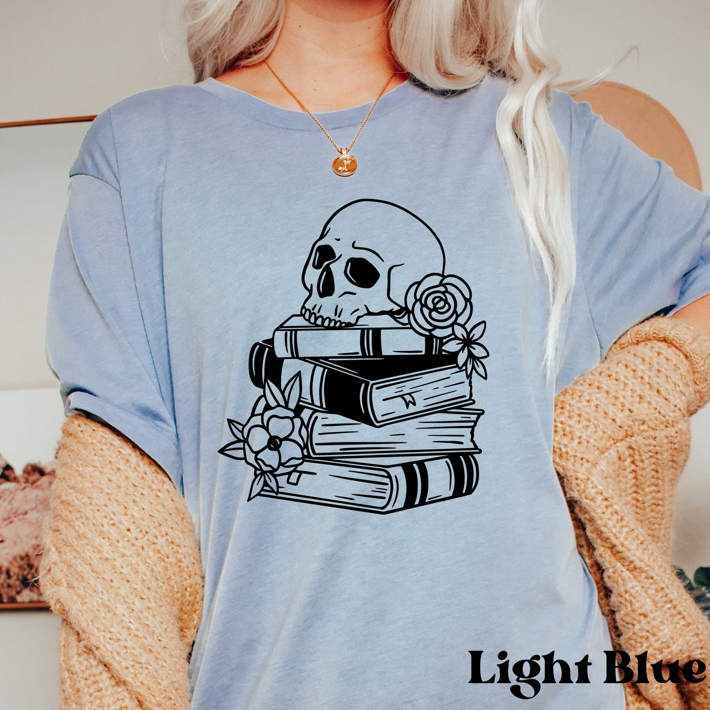 Skeleton On Floral Book Stack Bookish T-Shirt for Women•Bookish Gift•Gift for Reader•Gift For Book Lover•Book Shirt•Mystical Book Shirt