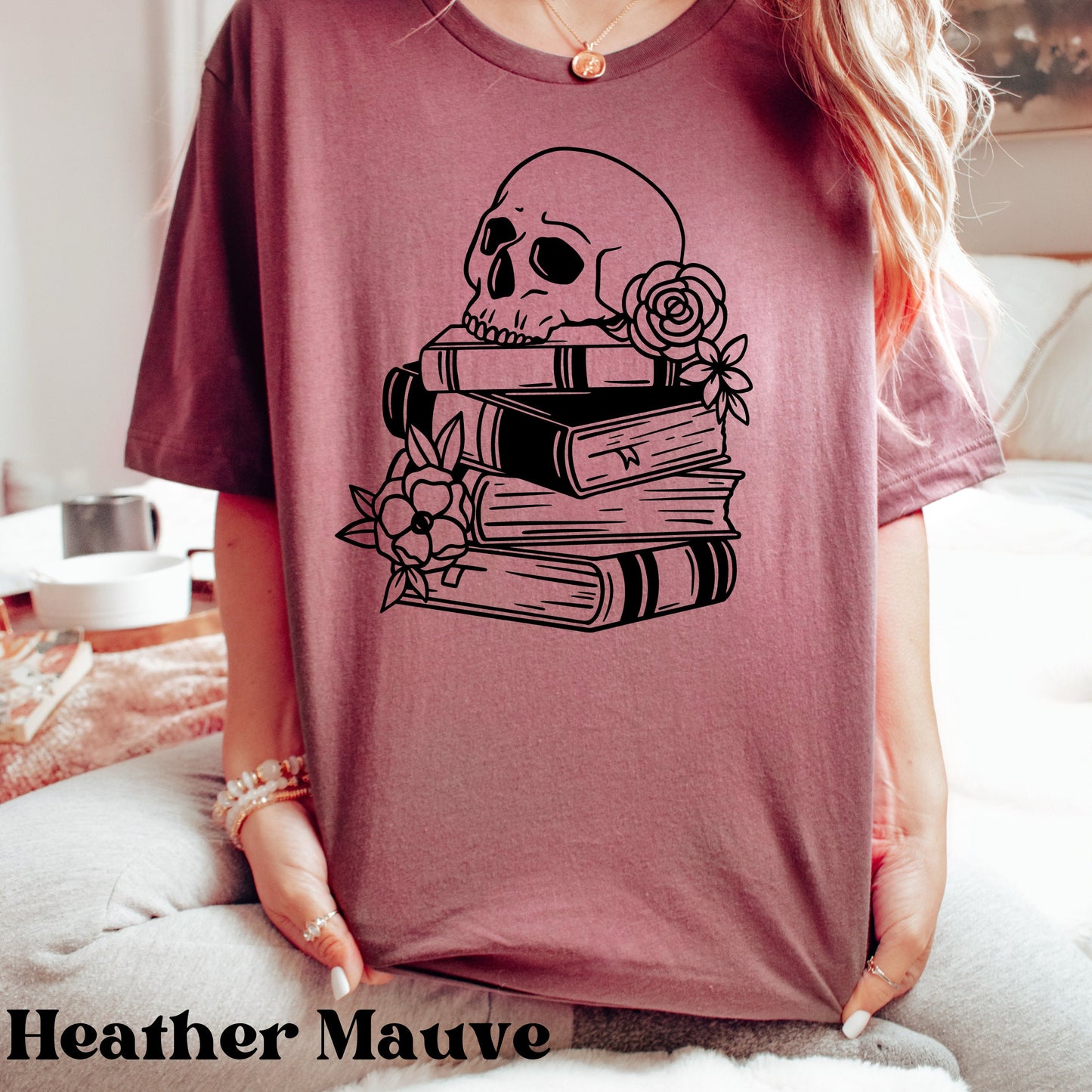 Skeleton On Floral Book Stack Bookish T-Shirt for Women•Bookish Gift•Gift for Reader•Gift For Book Lover•Book Shirt•Mystical Book Shirt